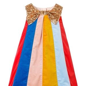 NWT Mini Boden Sparkle Bow Rainbow Dress in Rockabilly Red Multi-stripe